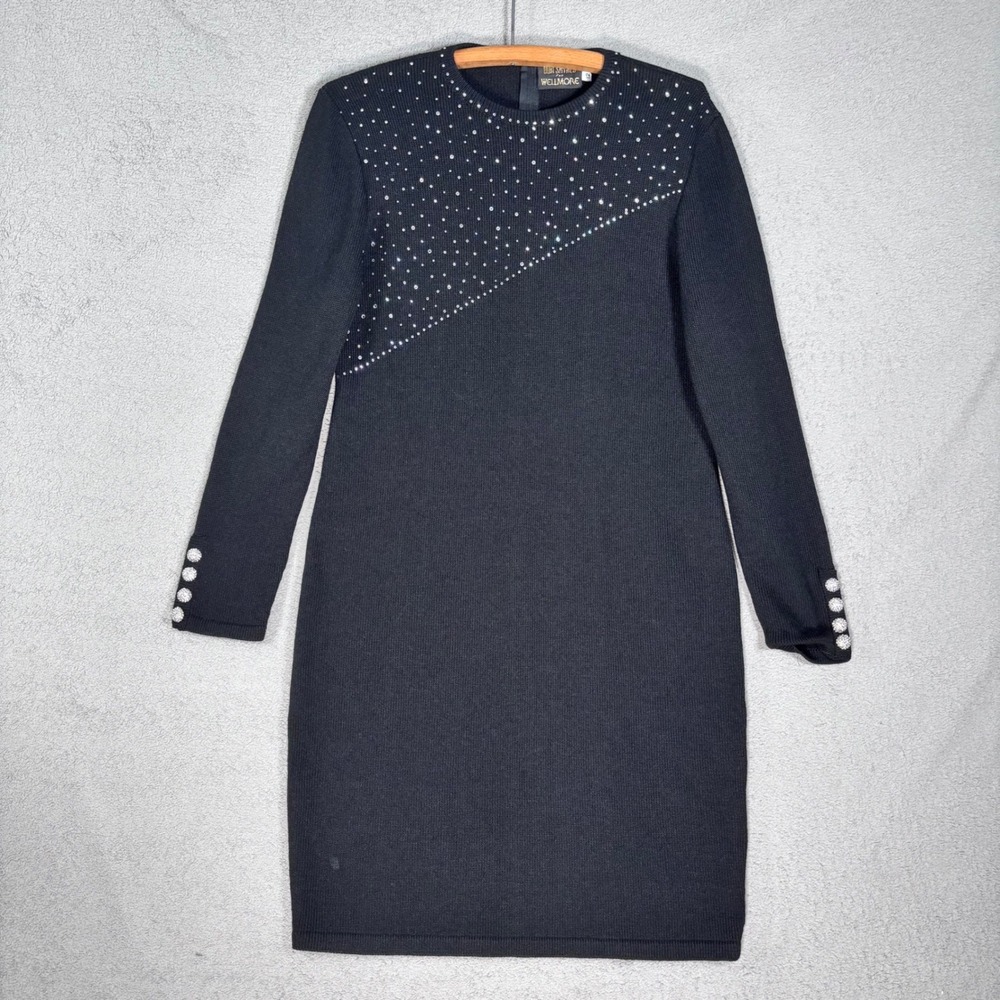 Don Sayres For Wellmore‎ Sweater Knit Dress Womens Size 12 Black Rhinestone 80s